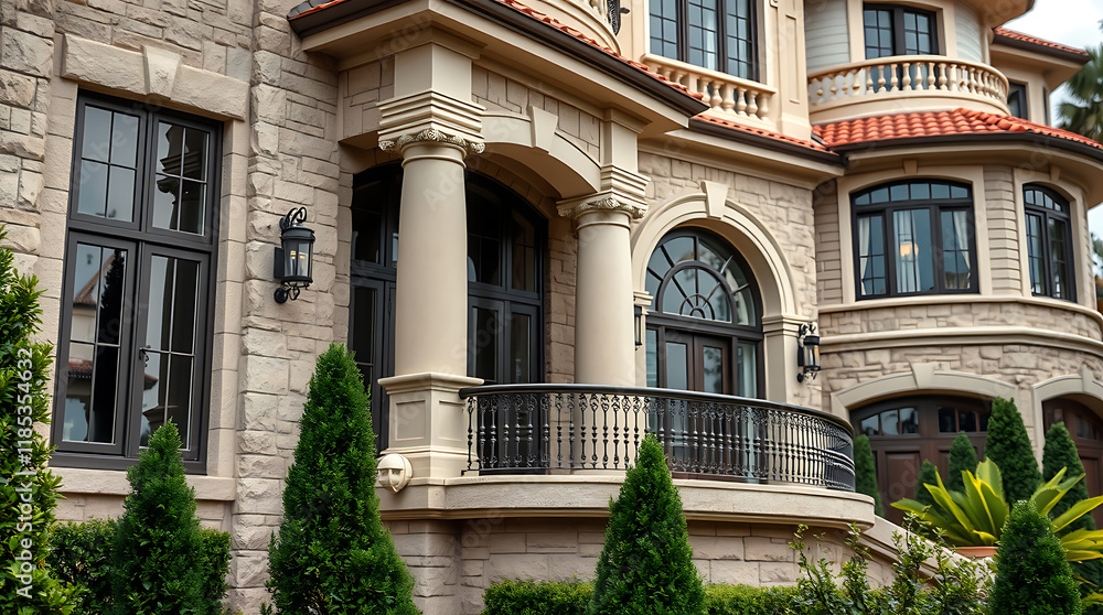 Fototapeta premium Stone Mansion Exterior with Balcony and Classical Details