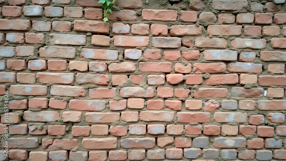 Obraz premium A weathered brick wall with cracked, chipped bricks, faded colors, and patches of moss or ivy. Time and elements have left their mark, revealing a textured, historical beauty.