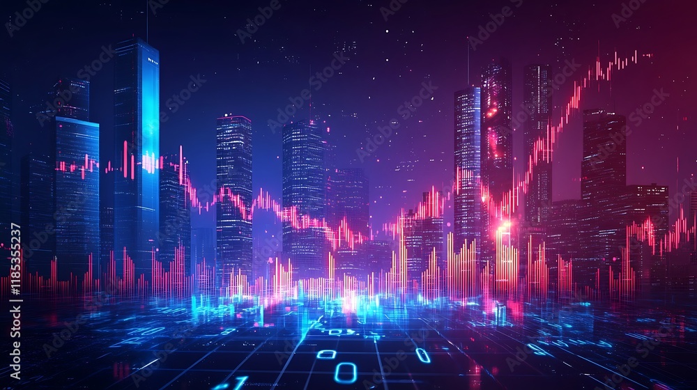 Dynamic financial market trends urban skyline digital art nightscape Dynamic financial market trends urban skyline digital art nightscape