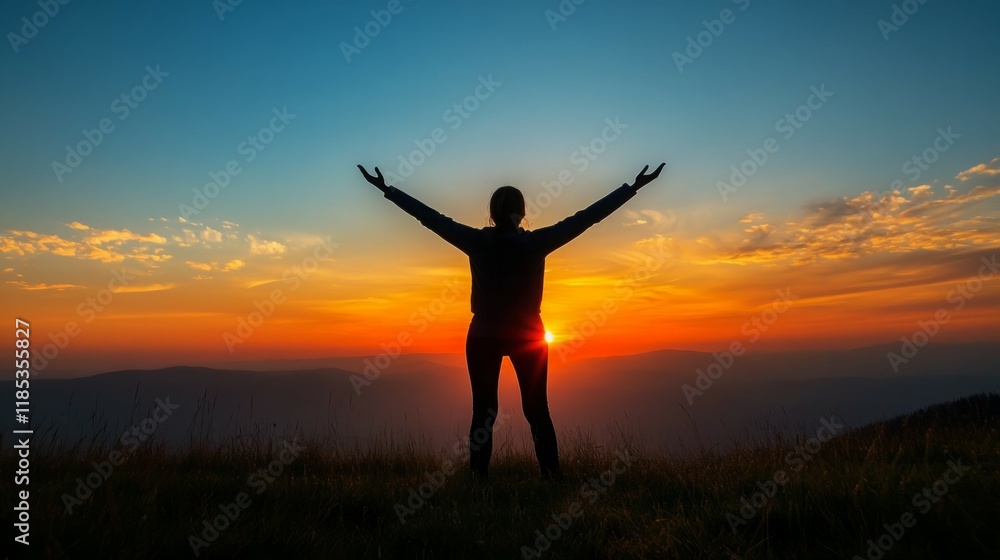Silhouette of a woman at sunset, arms outstretched, feeling the freedom and peace of nature. Silhouette of a woman at sunset, arms outstretched, feeling the freedom and peace of nature.