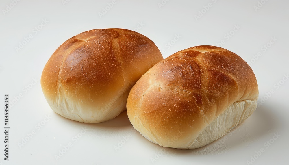 Two freshly baked, golden brown bread rolls on a white background. Two freshly baked, golden brown bread rolls on a white background.