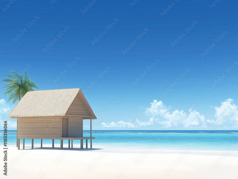 Tropical Beach at Noon with Bamboo Structures Building Breezy Huts Tropical Beach at Noon with Bamboo Structures Building Breezy Huts
