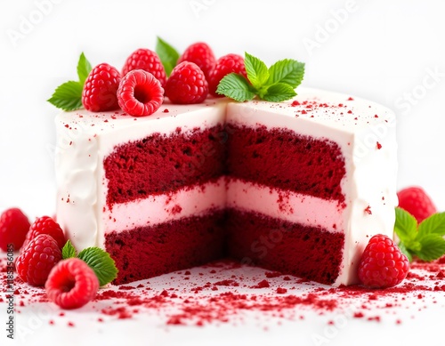 Luscious Red Velvet Cake: Raspberry Delight, Creamy Frosting, Artistic Presentation photo