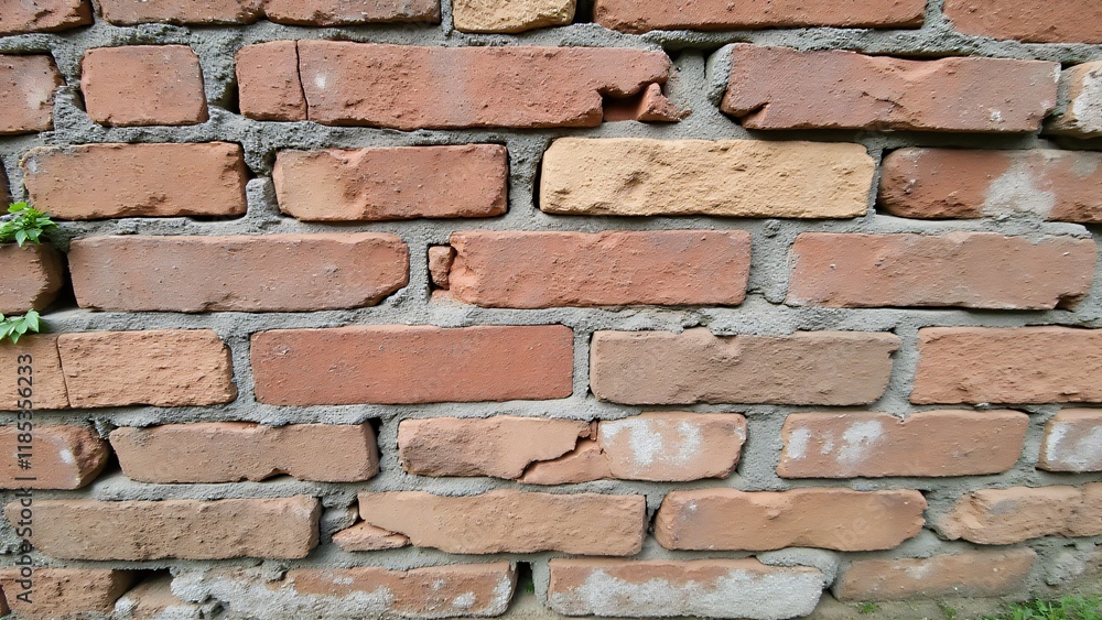 Obraz premium A weathered brick wall with cracked, chipped bricks, faded colors, and patches of moss or ivy. Time and elements have left their mark, revealing a textured, historical beauty.