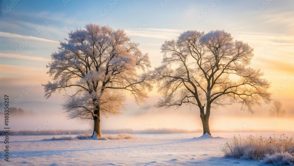 Fototapeta premium Ethereal Winter Landscape with Bare Trees in Misty Serenity