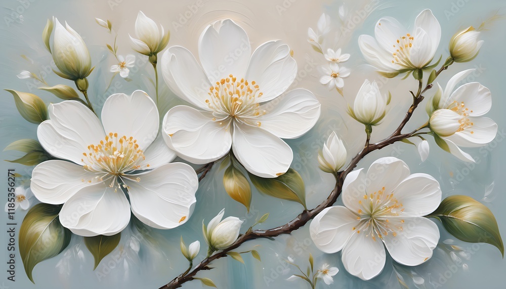 Obraz premium elegant oil painting pastel floral art, delicate white blossoms on textured canvas background