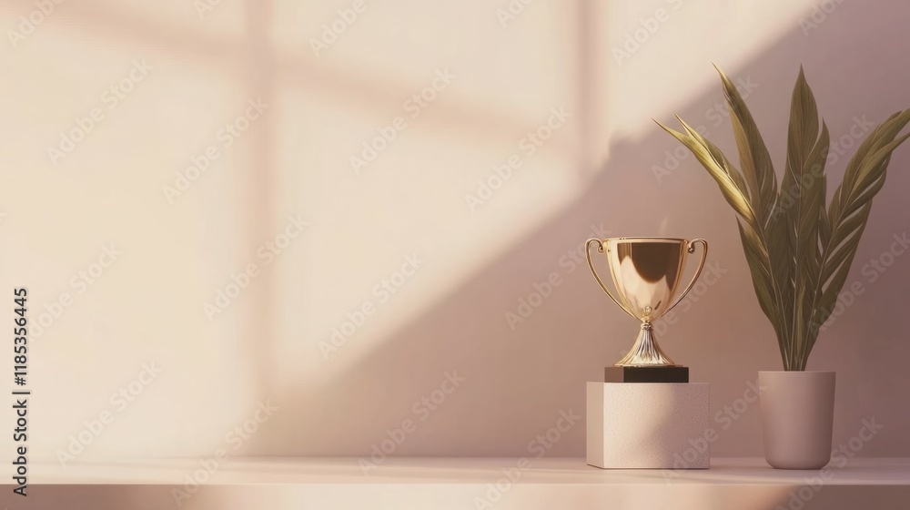 Golden trophy on a pedestal, bathed in warm sunlight, alongside a leafy plant. Achievement and success concept. Golden trophy on a pedestal, bathed in warm sunlight, alongside a leafy plant. Achievement and success concept.