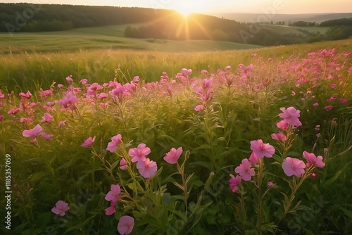 sunlit pink fowers in blooming summer meadow at golden hour
