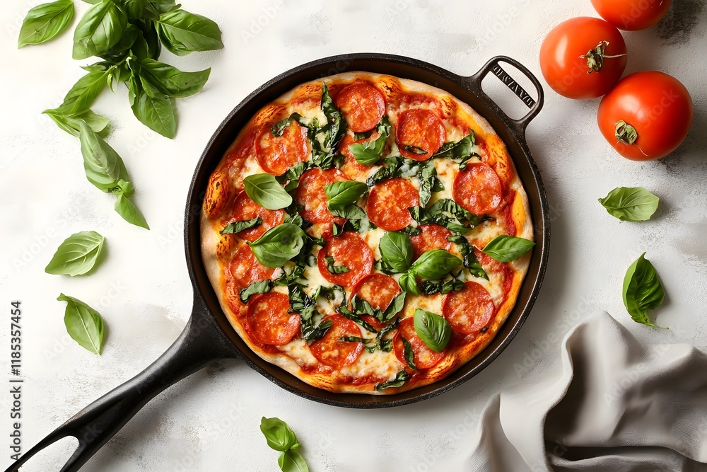 Freshly Baked Pepperoni Pizza with Basil Leaves on a Table Surrounded by Tomatoes and a Light Gray Cloth in a Cast Iron Skillet Setting Freshly Baked Pepperoni Pizza with Basil Leaves on a Table Surrounded by Tomatoes and a Light Gray Cloth in a Cast Iron Skillet Setting