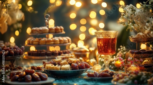 Festive dessert table with various treats, tea, and dates. photo