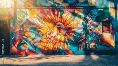 Vibrant Urban Mural Depicting Abstract Shapes and Bright Colors on a Wall in a Bustling City Environment Evoking a Sense of Energy Creativity and Artistic Expression in Street Art Culture photo