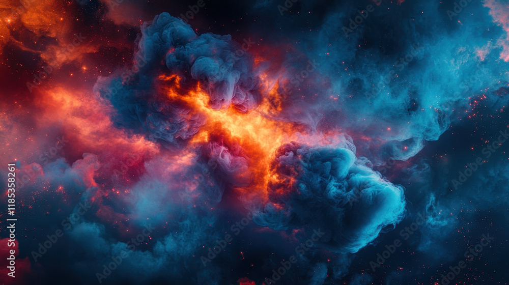 Cosmic Dance of Fire and Smoke: A vibrant abstract painting of swirling blue and orange smoke clouds against a dark backdrop, evoking a sense of ethereal beauty and cosmic energy. Cosmic Dance of Fire and Smoke: A vibrant abstract painting of swirling blue and orange smoke clouds against a dark backdrop, evoking a sense of ethereal beauty and cosmic energy.