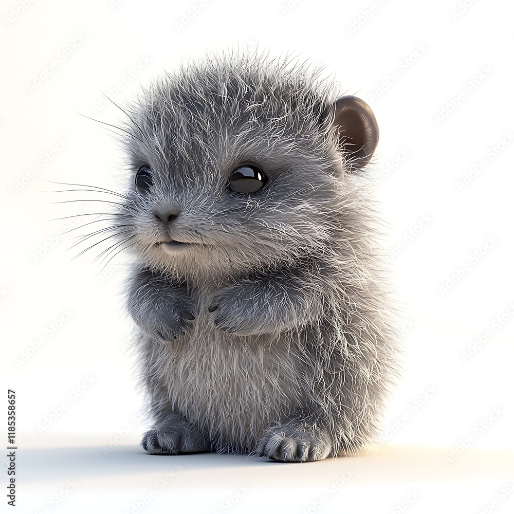 Adorable 3D Render of a Fluffy Grey Baby Mouse Sitting on a White Background. Adorable 3D Render of a Fluffy Grey Baby Mouse Sitting on a White Background.