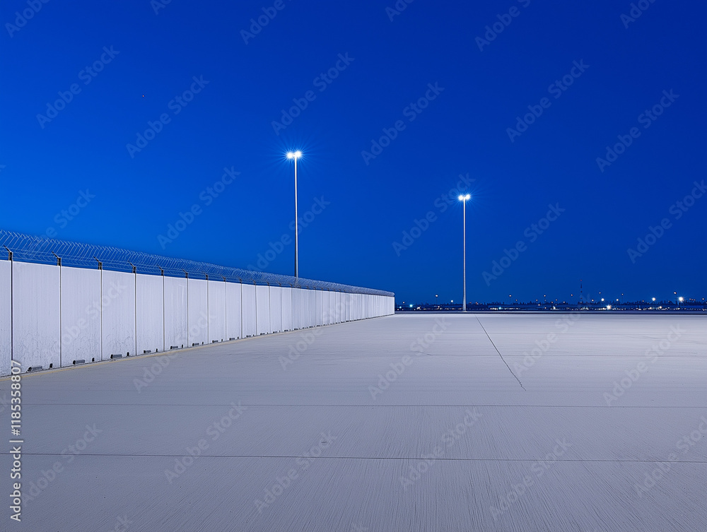Airport Perimeter at Night with Acoustic Barriers Erected for Noise Reduction Airport Perimeter at Night with Acoustic Barriers Erected for Noise Reduction