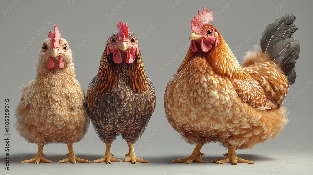 Fototapeta premium Three Beautiful Chickens Studio Portrait: A Delightful Trio of Poultry