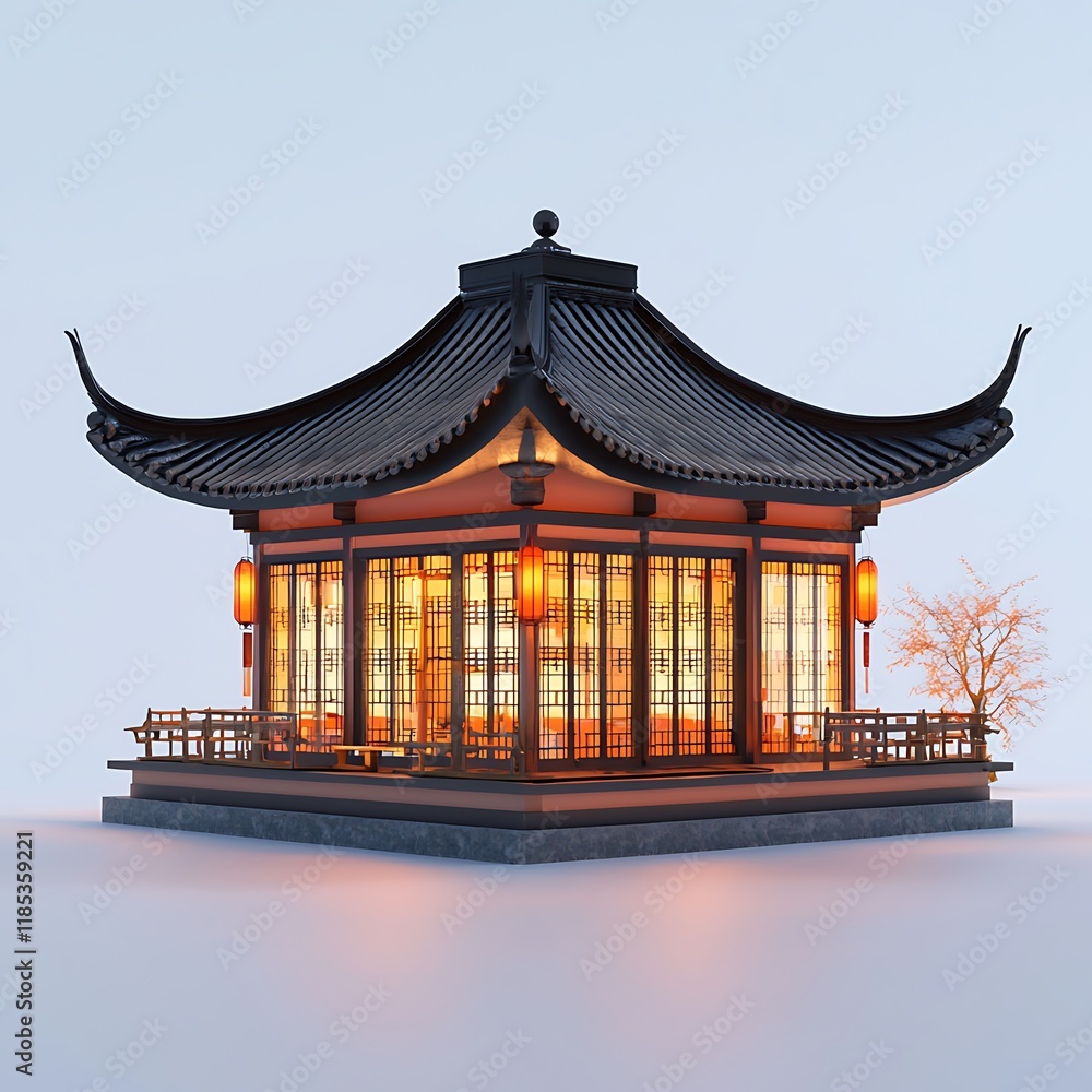 Fototapeta premium Illuminated Traditional Chinese Pavilion with Swept-Up Roof and Lanterns.