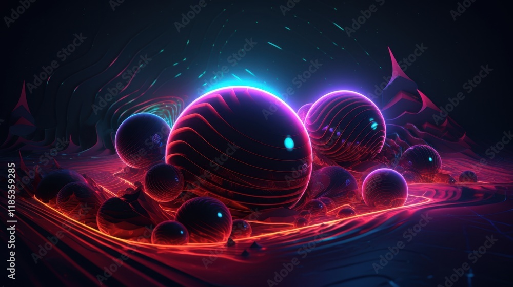 Obraz premium Neon Glowing Spheres in a Surreal Digital Landscape: Abstract Art