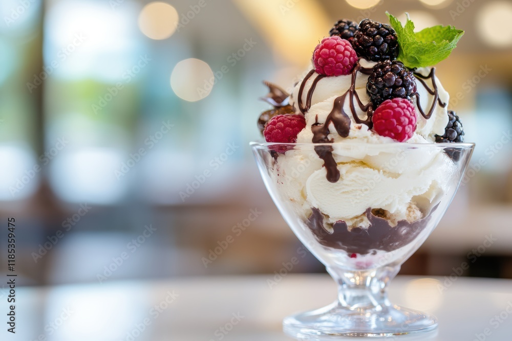 ice cream sundae with mixed berries, served in a glass bowl on a table ice cream sundae with mixed berries, served in a glass bowl on a table