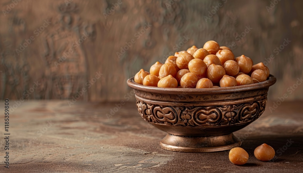 Roasted chickpeas in a copper bowl on a rustic wooden table. Roasted chickpeas in a copper bowl on a rustic wooden table.
