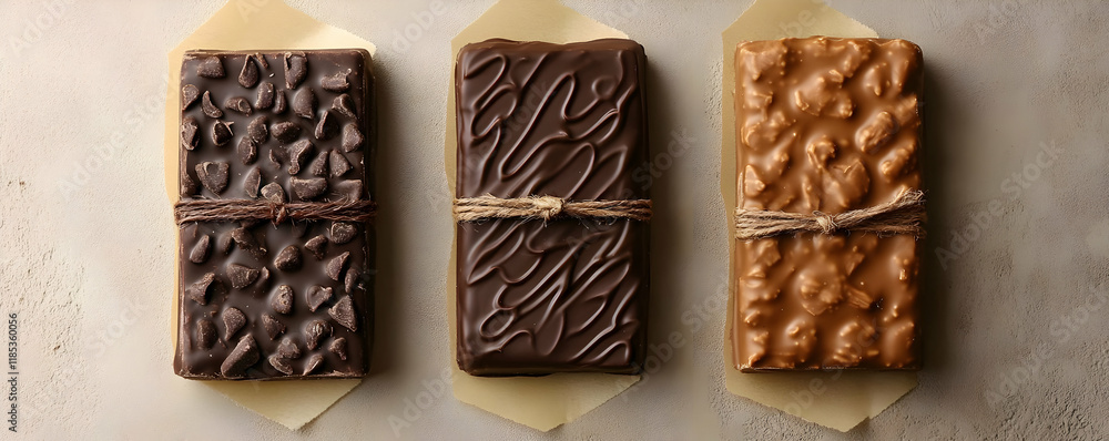 Gourmet chocolate bars, tied, studio shot Gourmet chocolate bars, tied, studio shot