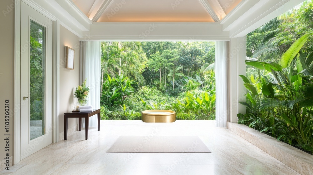 Fototapeta premium Serene Indoor Space with Open View to Lush Green Jungle Landscape Showcasing Modern Design and Tranquil Ambiance in a Luxurious Oasis