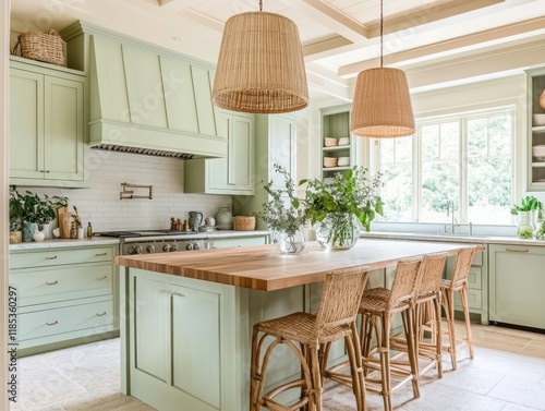 Sage Green Kitchen Island with Wooden Countertop and Rattan Stools