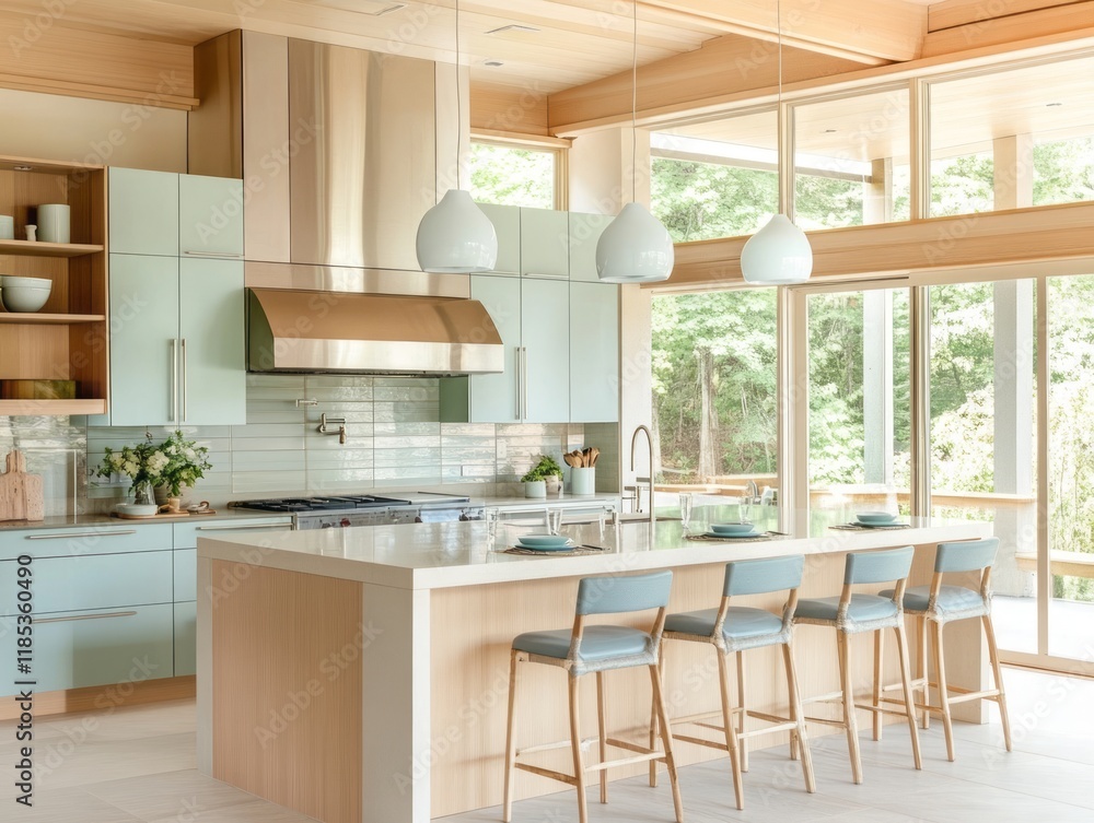 Fototapeta premium Modern Light Blue Kitchen Island with Wooden Accents