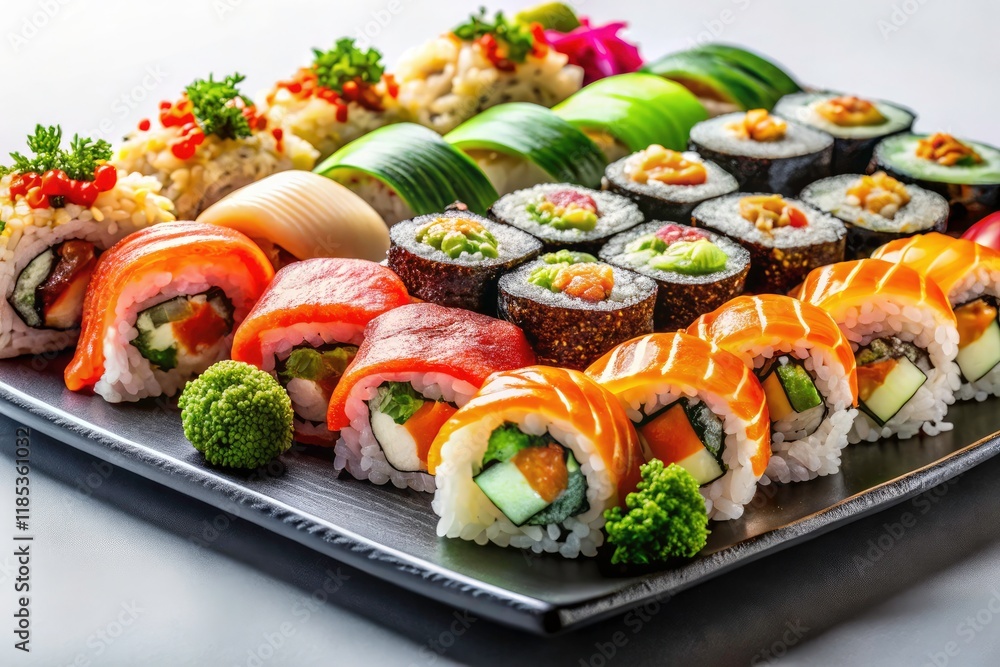 High-resolution macro shot: gourmet sushi, black plate, white backdrop; delicious Japanese cuisine, close-up detail. High-resolution macro shot: gourmet sushi, black plate, white backdrop; delicious Japanese cuisine, close-up detail.