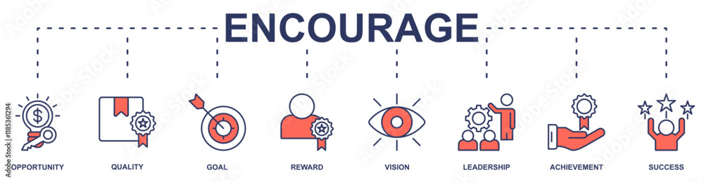 Encourage banner web icon vector illustration concept with icon of opportunity, quality, goal, reward, vision, leadership, achievement, success Encourage banner web icon vector illustration concept with icon of opportunity, quality, goal, reward, vision, leadership, achievement, success
