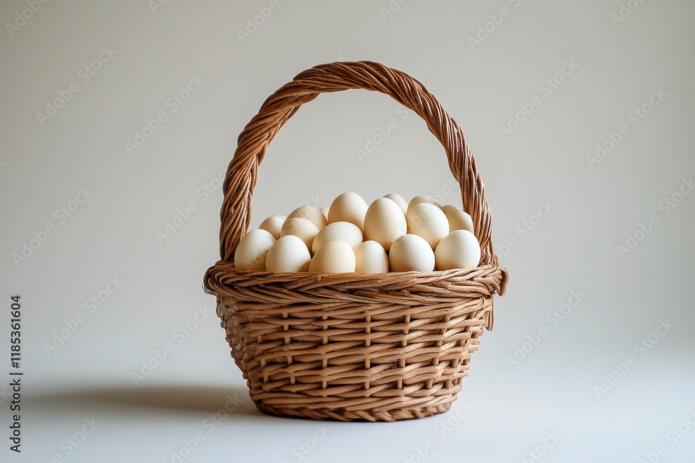 Minimalist Image of a Woven Basket Filled with Soft White Eggs on a Simple Pastel Background, Perfect for Easter, Chinese New Year, or Spring Celebrations Minimalist Image of a Woven Basket Filled with Soft White Eggs on a Simple Pastel Background, Perfect for Easter, Chinese New Year, or Spring Celebrations