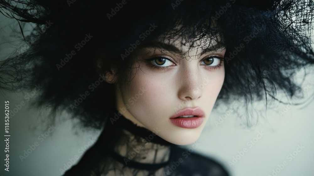 Close up portrait of a woman with dark, voluminous hair and lace detailing Close up portrait of a woman with dark, voluminous hair and lace detailing