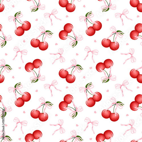 Valentine watercolor coquette cherry bows seamless pattern 