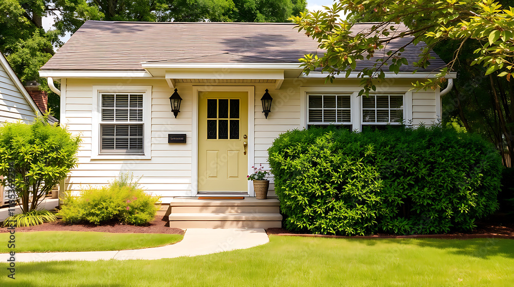 A small, single-story house with light-yellow siding, a pale-yellow door, and white-framed windows. Landscaped with shrubs and a neatly mown lawn. The house features a small porch and stone steps. A small, single-story house with light-yellow siding, a pale-yellow door, and white-framed windows. Landscaped with shrubs and a neatly mown lawn. The house features a small porch and stone steps.