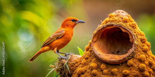 Rufous Hornero Building Nest, Uruguay National Bird, Colorful Clay Oven Birdhouse, Wildlife Photography photo