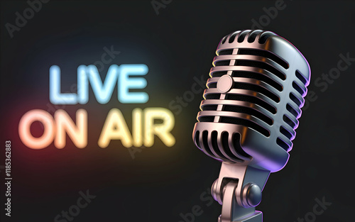 Microphone with sound waves. podcasting and audio recording work. mic with waves. live on air. radio podcast broadcasting microphone