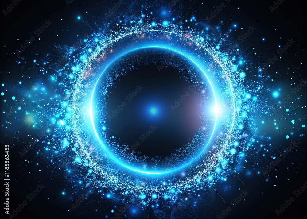 Abstract circle of blue light particles against a black void. Abstract circle of blue light particles against a black void.