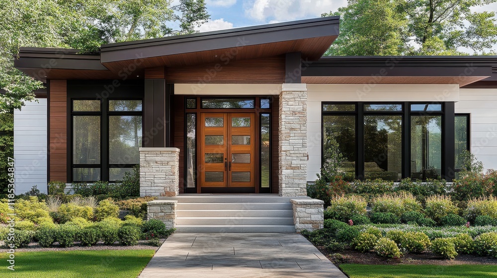 modern house exterior, white siding, wood accents, stone facade, large windows, manicured lawn, landscaped garden, architectural photography, clean lines, contemporary design, residential home, front modern house exterior, white siding, wood accents, stone facade, large windows, manicured lawn, landscaped garden, architectural photography, clean lines, contemporary design, residential home, front