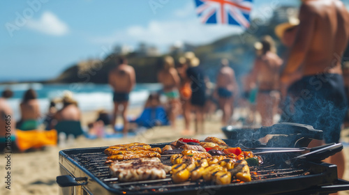 A Group of Australians Enjoying a Beach BBQ Celebration on Australia Day with Happiness and Sunshine photo