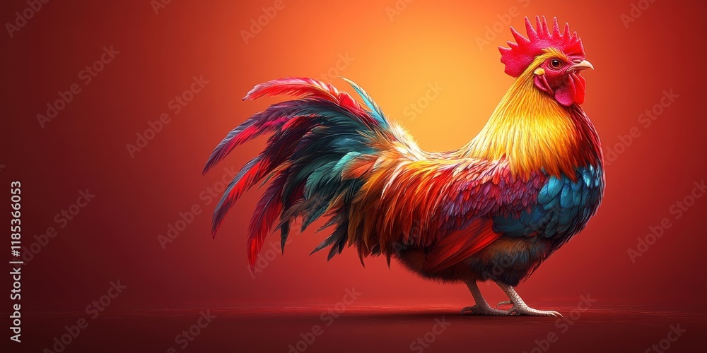 Fototapeta premium Majestic Rooster Vibrant Plumage Colorful Bird Farm Animal Digital Art