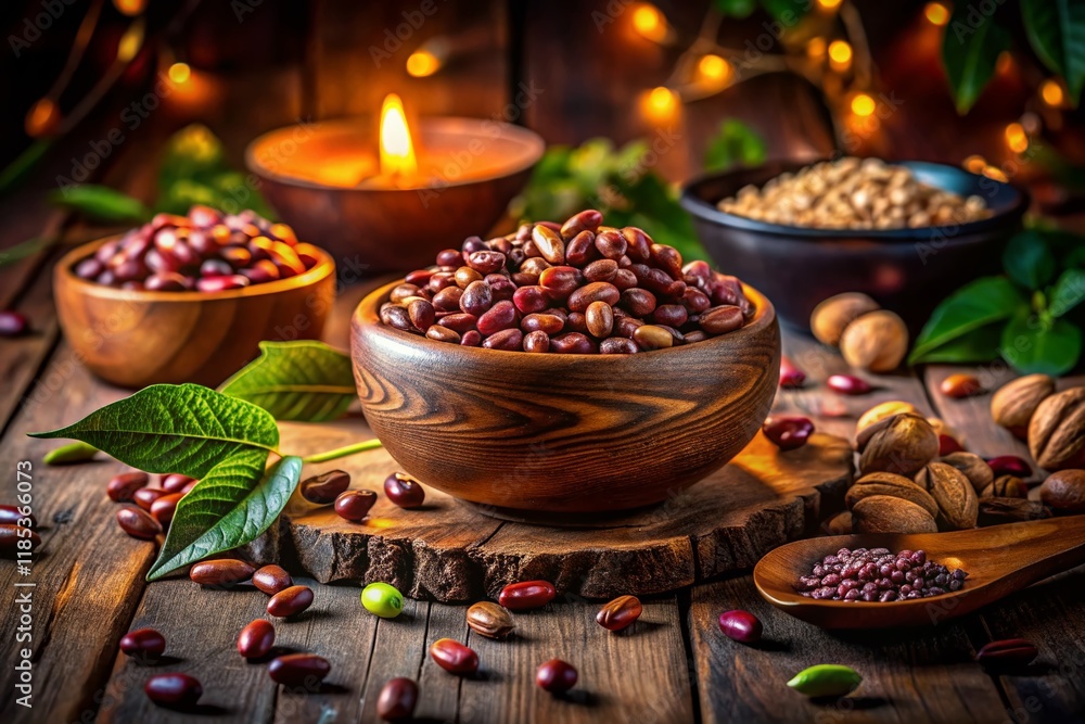 Rustic Still Life: Haricot Beans, Walnuts & Laurel Leaves in Wooden Bowl on Dark Wood Rustic Still Life: Haricot Beans, Walnuts & Laurel Leaves in Wooden Bowl on Dark Wood
