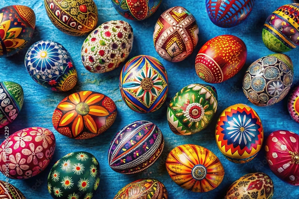 Blue backdrop showcases colorful painted Easter eggs. AI-generated landscape image. Blue backdrop showcases colorful painted Easter eggs. AI-generated landscape image.