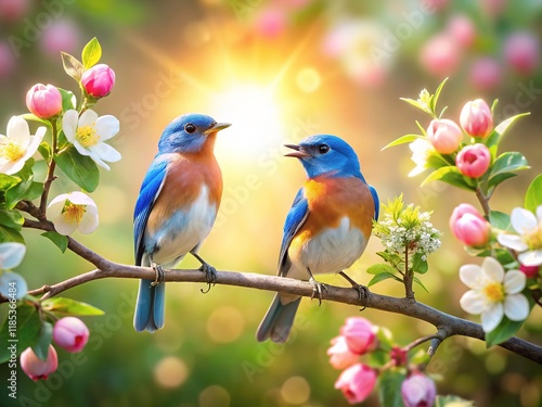 Bokeh sun, bluebirds on a blooming apple tree. photo