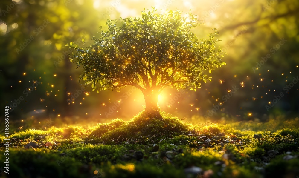 Magical tree glowing in sunlight. Magical tree glowing in sunlight.