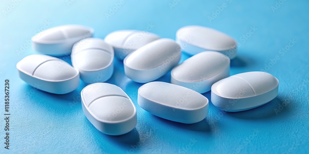 Close-up of white medication tablets against a vibrant blue background. Close-up of white medication tablets against a vibrant blue background.