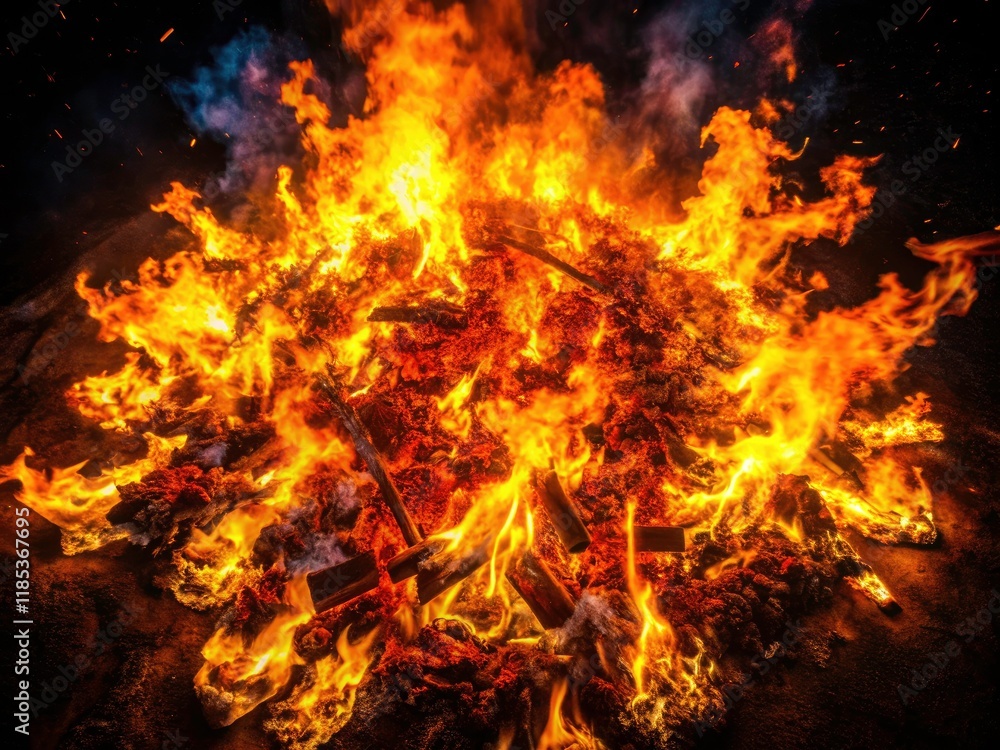Night's embrace, fiery inferno rages. Drone captures orange flames, embers glow, sparks fly. Night's embrace, fiery inferno rages. Drone captures orange flames, embers glow, sparks fly.