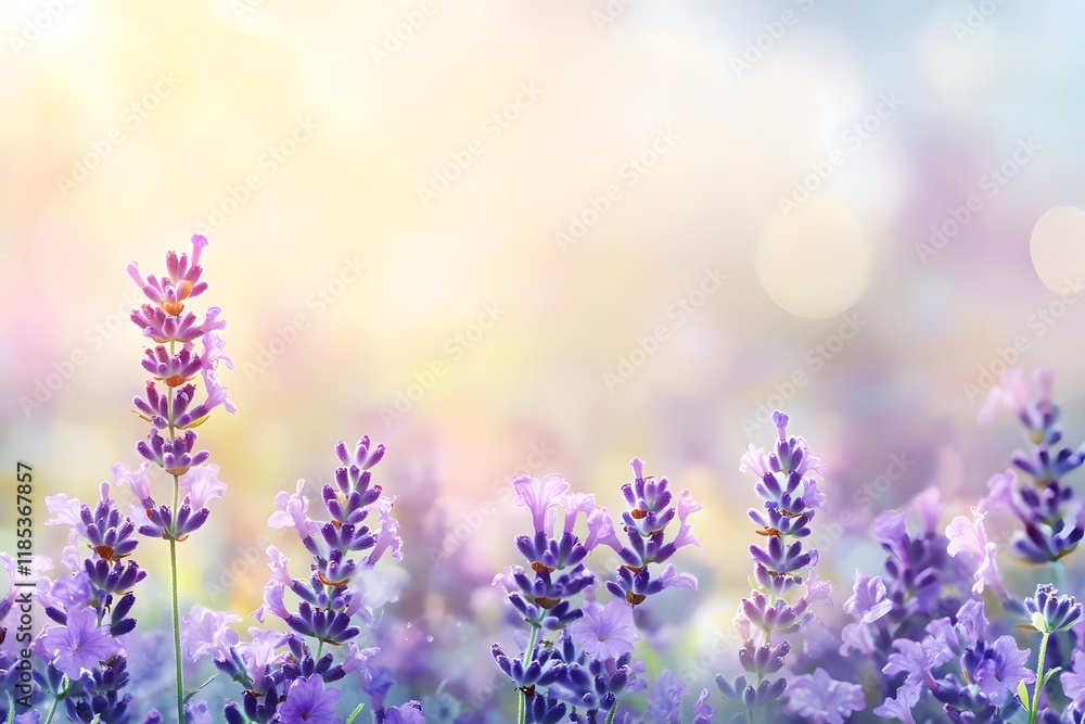 Naklejka premium Serene Lavender Fields in Soft Pastel Tones Under Gentle Sunlight with Beautiful Bokeh Effect Creating a Peaceful and Tranquil Atmosphere for Nature Lovers