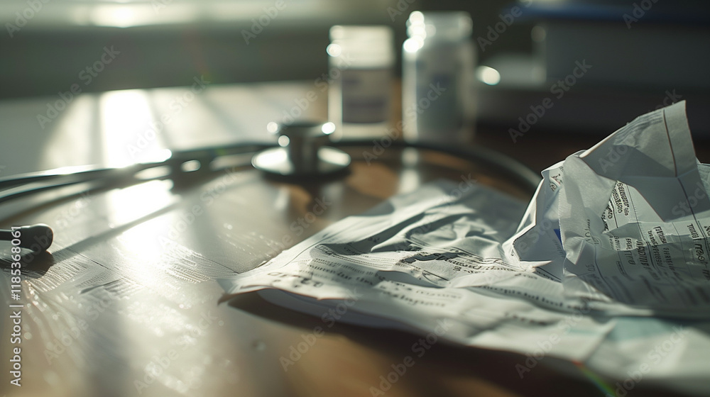 Close-Up of a Crumpled Medical Bill on a Wooden Table with a Blurred Stethoscope and Prescription Bottle in the Background, Symbolizing Financial Stress and Healthcare Costs in Today's Society Close-Up of a Crumpled Medical Bill on a Wooden Table with a Blurred Stethoscope and Prescription Bottle in the Background, Symbolizing Financial Stress and Healthcare Costs in Today's Society
