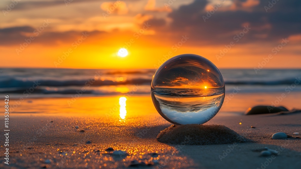 crystal ball on the sand beach with sunset in the background.