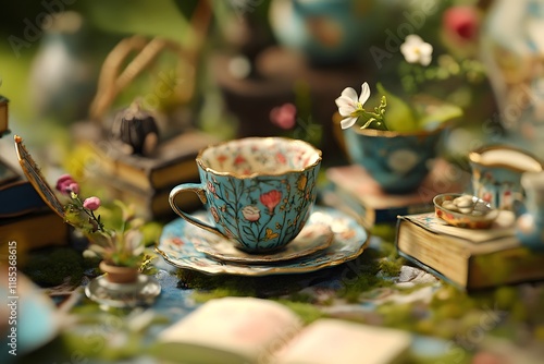 Enchanted Teacup Illustration Miniature Garden Scene with Books and Flowers