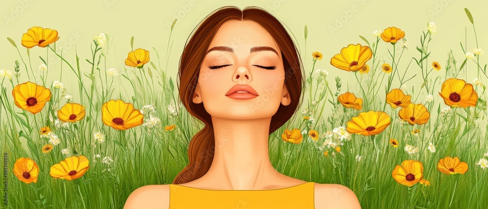 Bright and cheerful portrait of a woman in a blooming meadow of yellow wildflowers under soft sunlight, symbolizing optimism, nature’s vibrancy, and the joy of a sunny day Bright and cheerful portrait of a woman in a blooming meadow of yellow wildflowers under soft sunlight, symbolizing optimism, nature’s vibrancy, and the joy of a sunny day